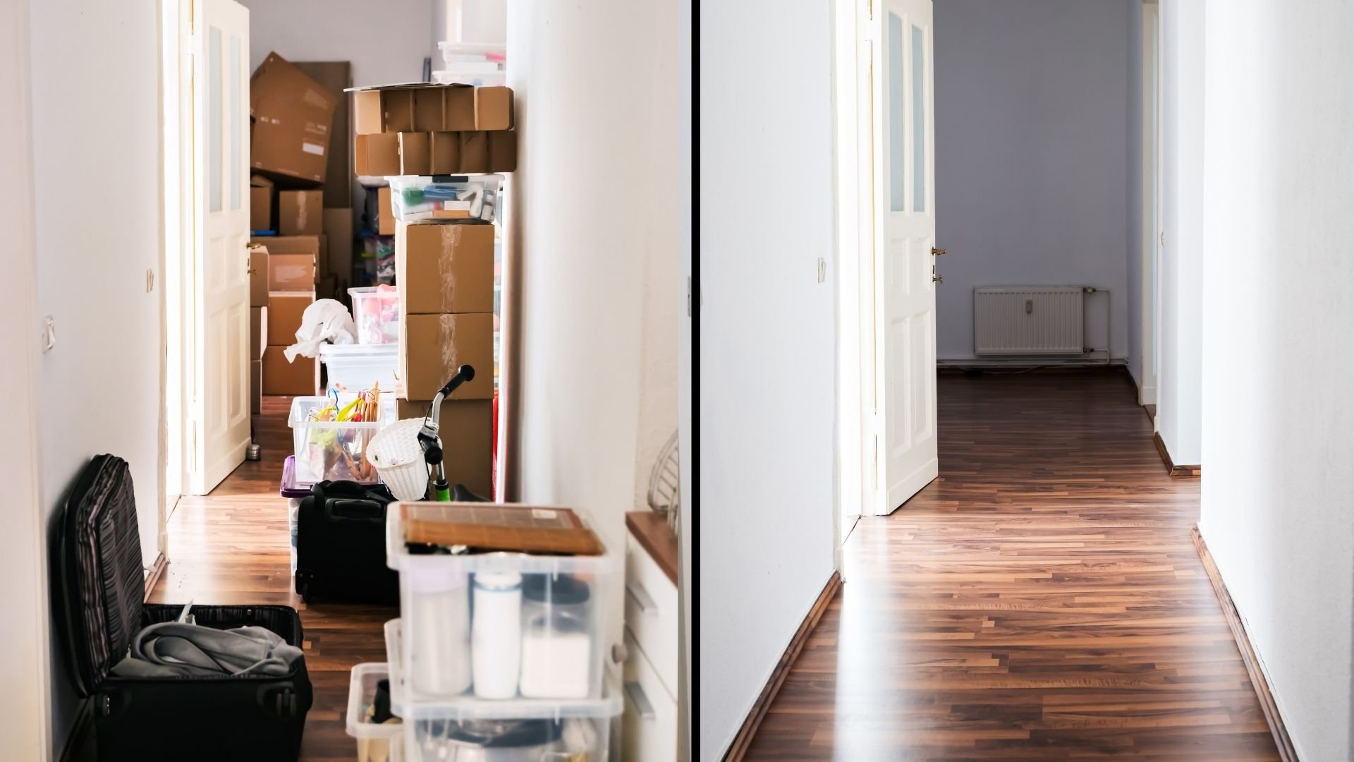Before and after hallway: cluttered with boxes and items on left, empty cleaned space on right